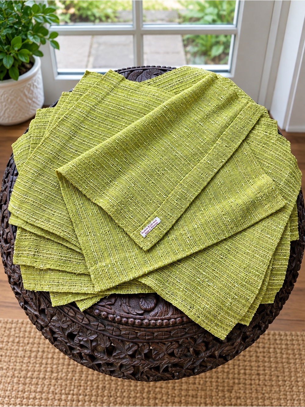 Helen H. Cronk Hand Woven Placemats Set of 6 Green yellow  Textured 17x13 Artisa